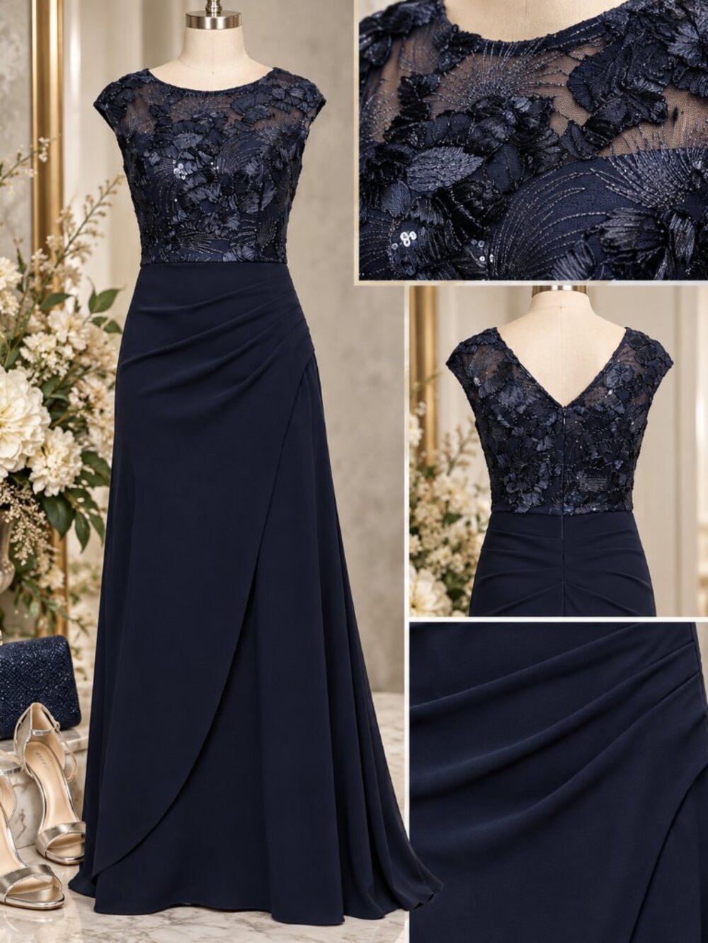 Alex Evenings Petite Navy Soutache Sequin Formal Gown 14P NWT